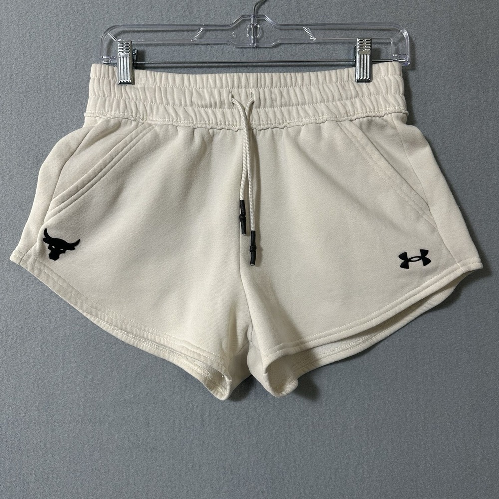 Under Armour Project Rock Fleece Shorts Women's XS Cream Pockets Athletic READ